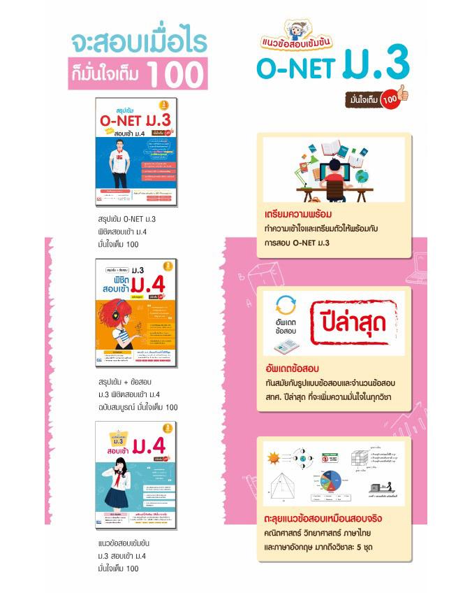 เซตคู่ : เตรียมสอบ O-NET ม.3 เซตคู่ : เตรียมสอบ O-NET ม.3 1. หนังสือ สรุปเข้ม O-NET ม.3 พิชิตสอบเข้า ม.4 มั่นใจเต็ม 1002. ห...