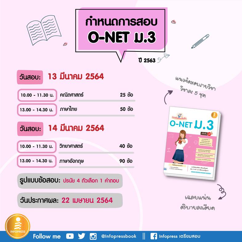 แนวข้อสอบเข้มข้น O-NET ม.3 มั่นใจเต็ม 100 หนังสือเล่มนี้เป็นการรวบรวมแนวข้อสอบโอเน็ต ม.3 ที่อัพเดตวิชาที่ใช้สอบล่าสุด ได้แก...